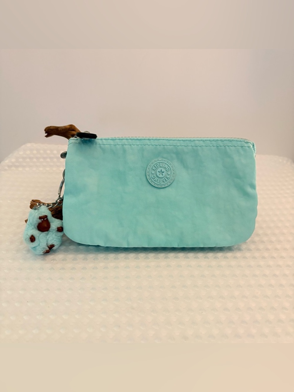 Kipling Molly Nylon Wallet Aqua Blue 5 Compartment Zip Monkey Charm Pouch